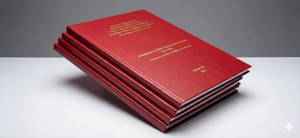 Encadernação de dissertação FIOCRUZ em capa dura Bordeaux com letras douradas